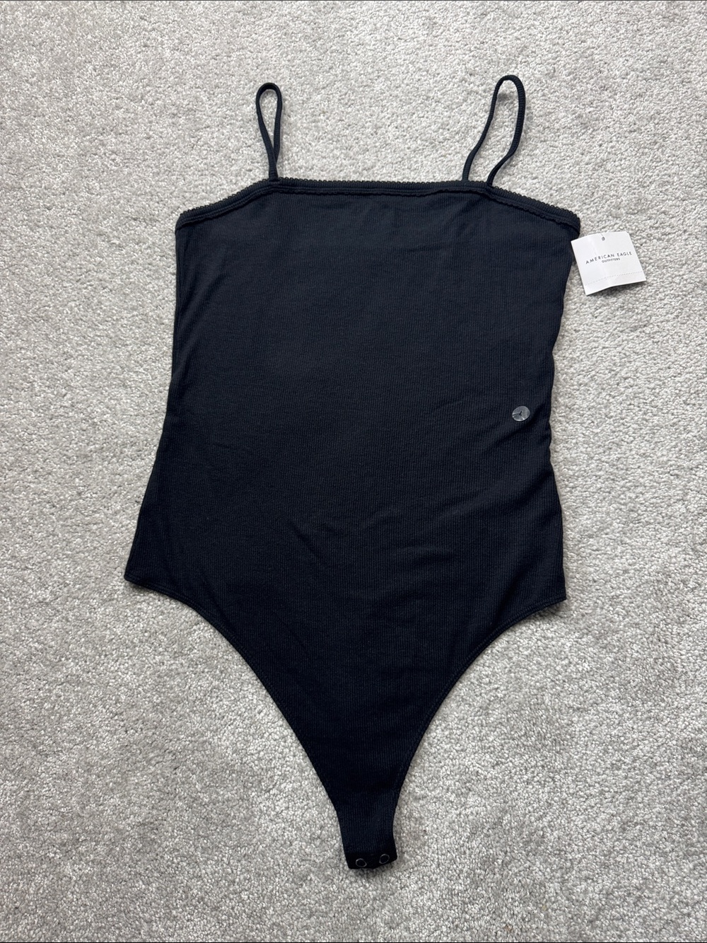American Eagle Black Ribbed Cami Bodysuit Square Neck Size L Spaghetti Strap